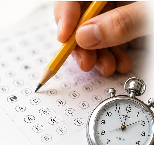 A hand filling in an answer sheet next to a stopwatch