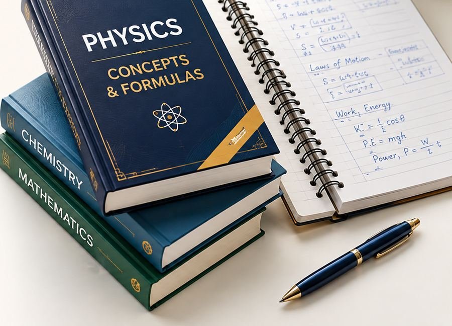 Physics, Chemistry and Mathematics books beside a notebook of worked formulas