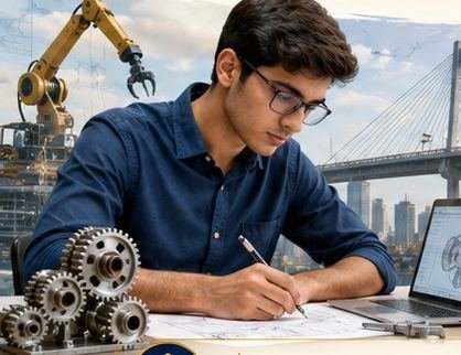 A student sketching an engineering design with gears and a laptop