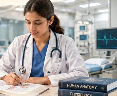 A medical student taking notes beside anatomy books