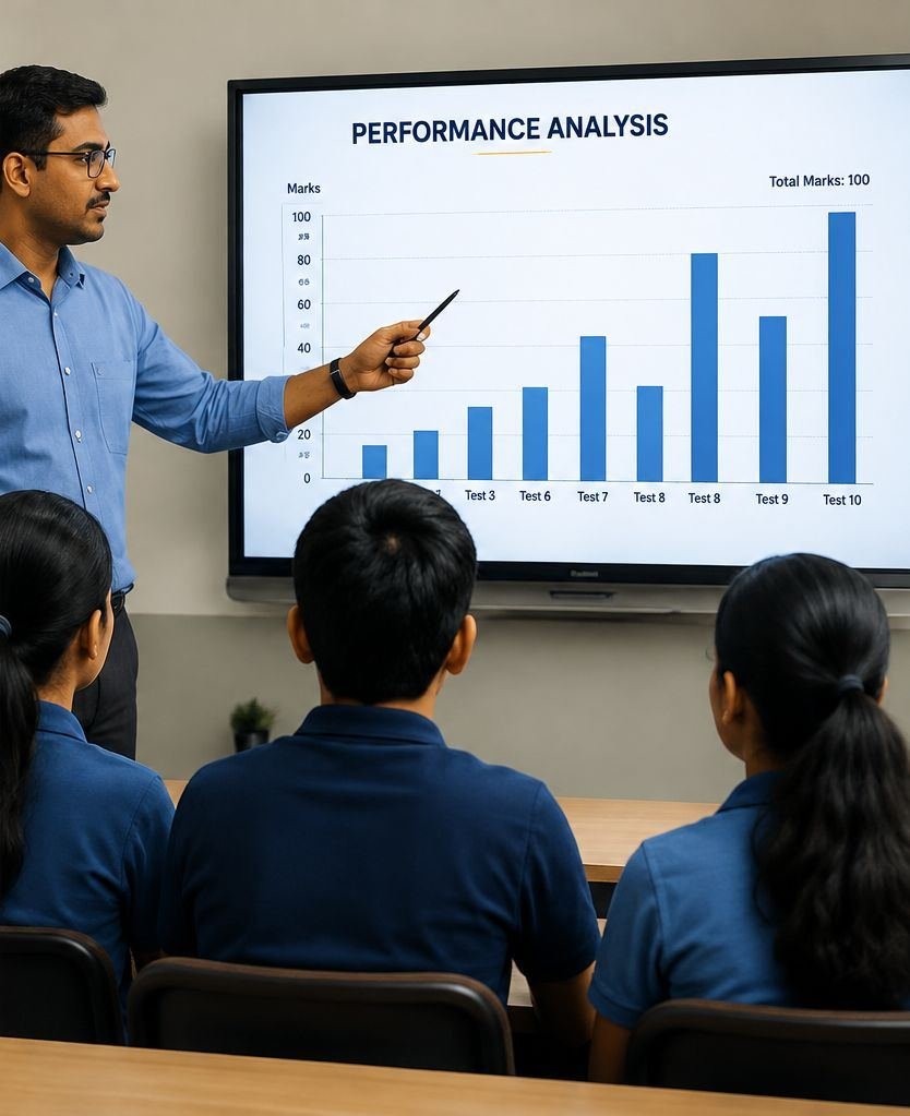 A teacher explaining a performance chart to students in a classroom