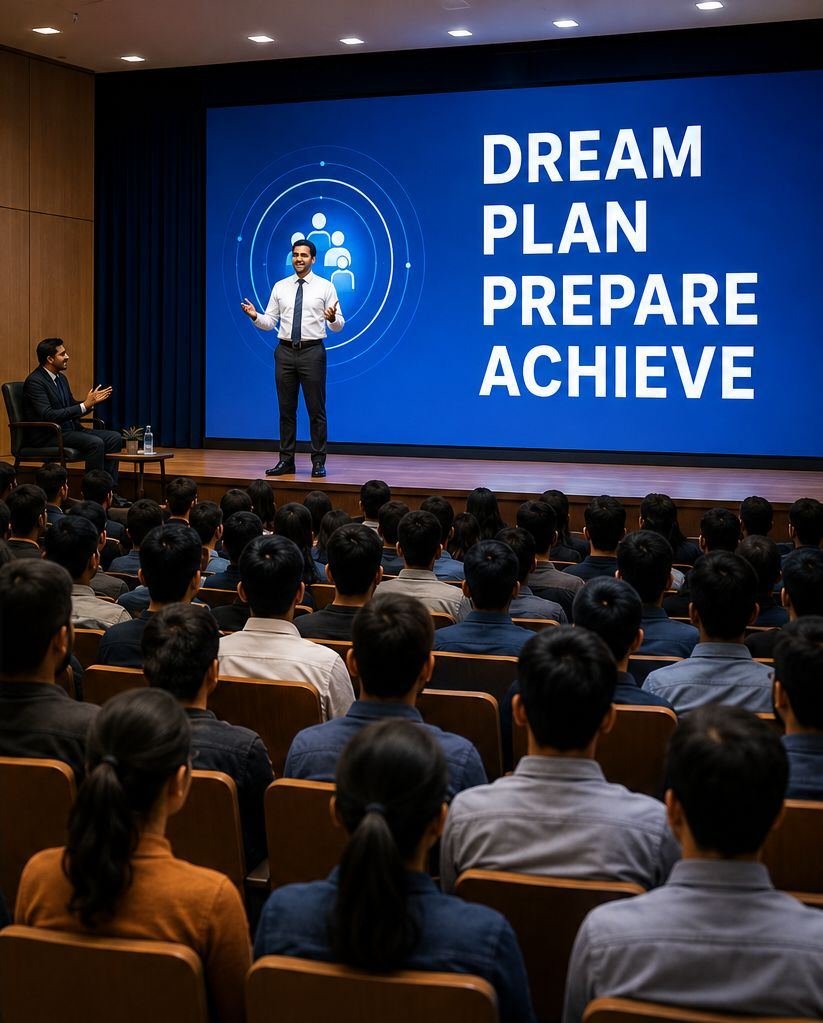 A speaker addressing a large student audience beneath the words Dream, Plan, Prepare, Achieve