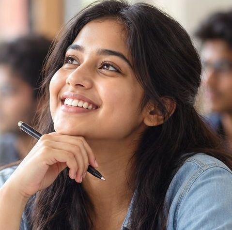 A student smiling as she looks up from her notes in class