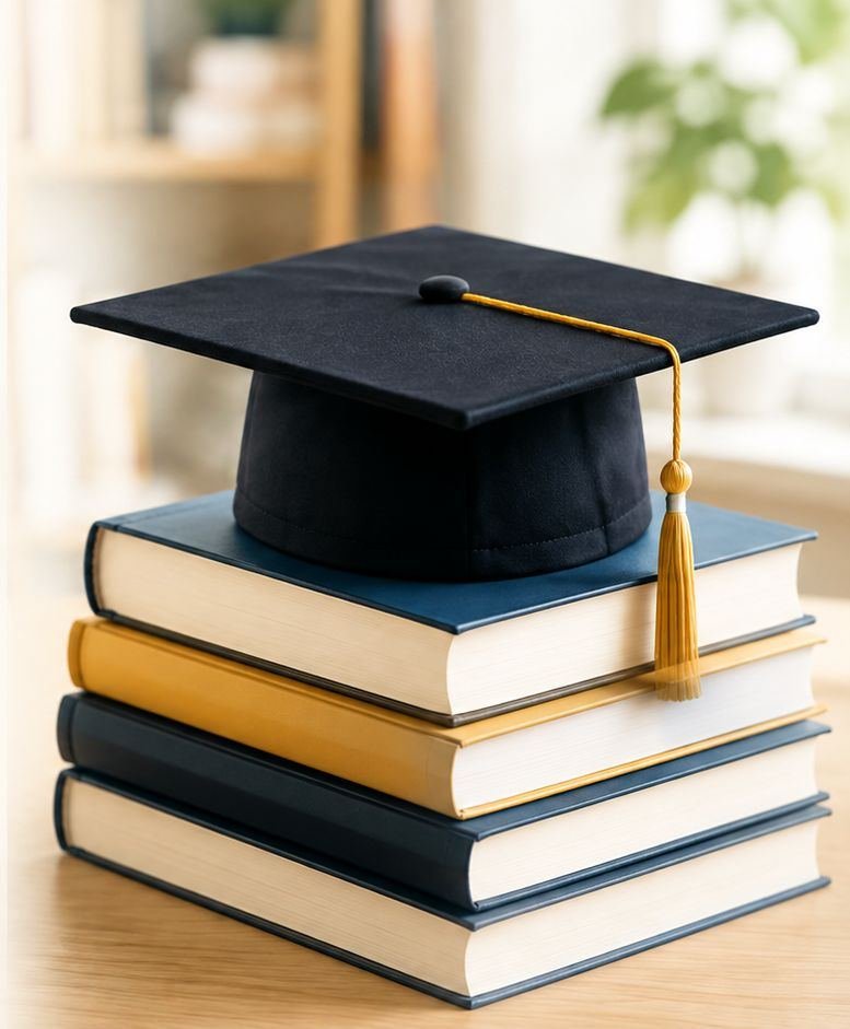 A graduation cap resting on a stack of books
